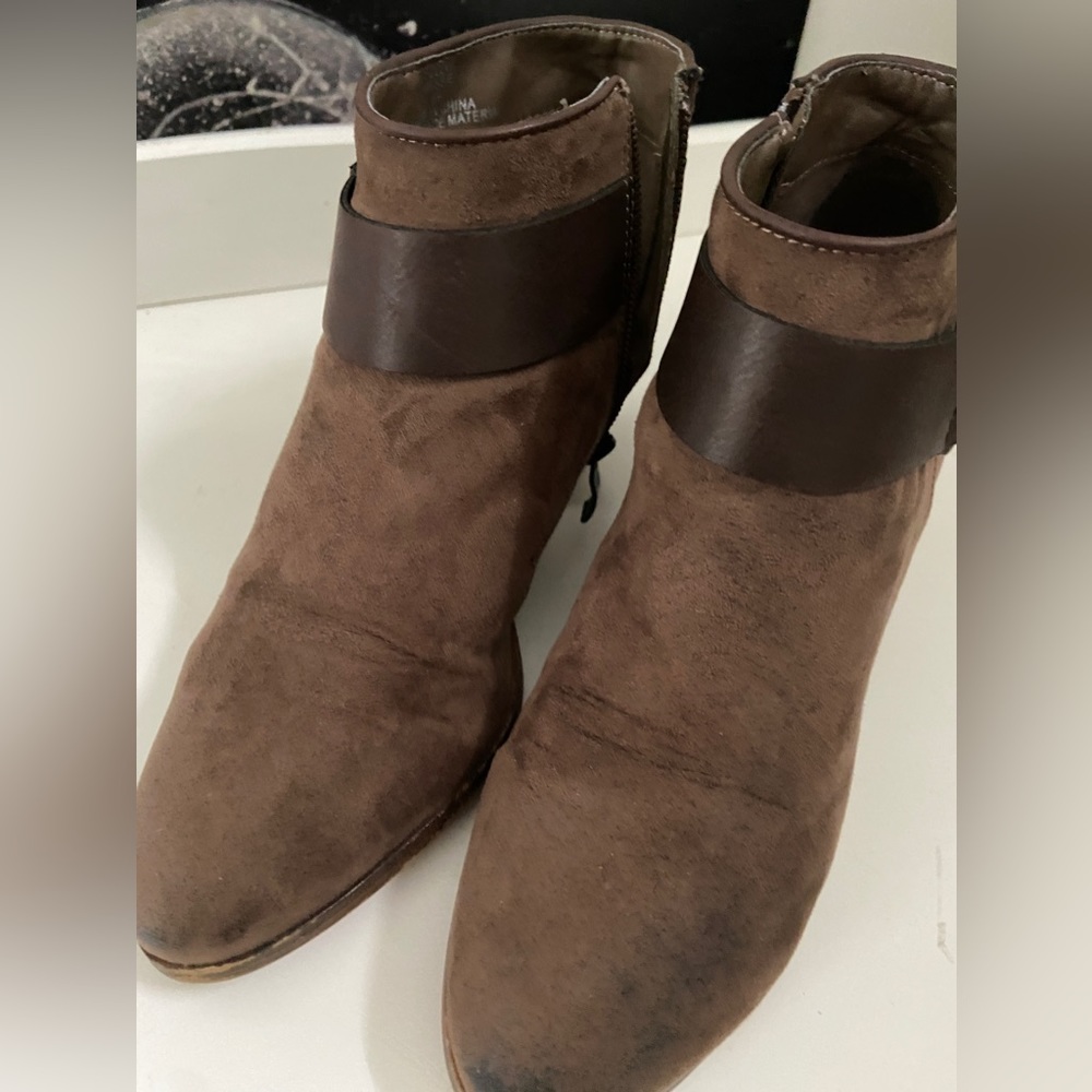 Brown booties with Leather Strap & Buckle. Size 6.5. 2” heel.